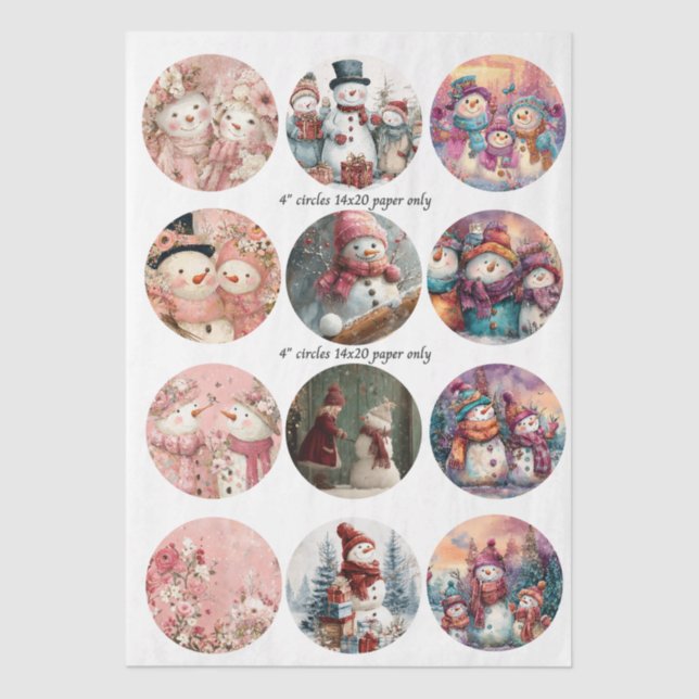 Papier Mousseline Decoupage 12 Whimsical Snowman 4" Coaster Set  (Recto)