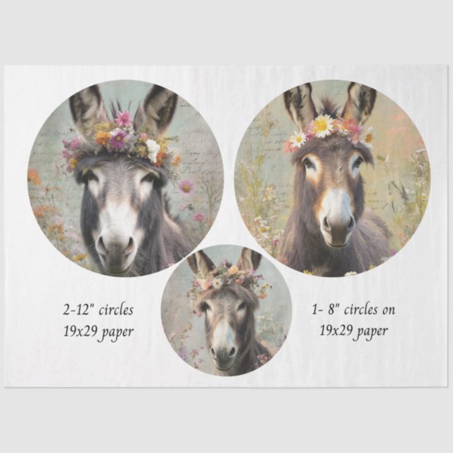 Papier Mousseline Decoupage 2-12" Circle & 8" Whimsical Donkey Trio (Recto)
