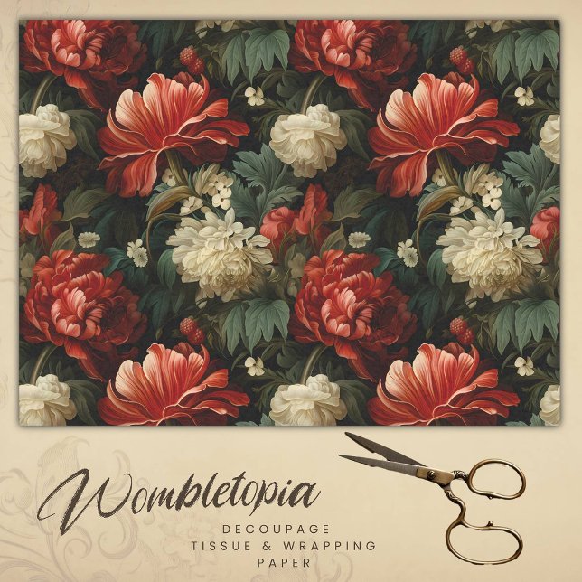 Papier Mousseline Découpage à fleurs de crème et de rouge antique (Créateur téléchargé)