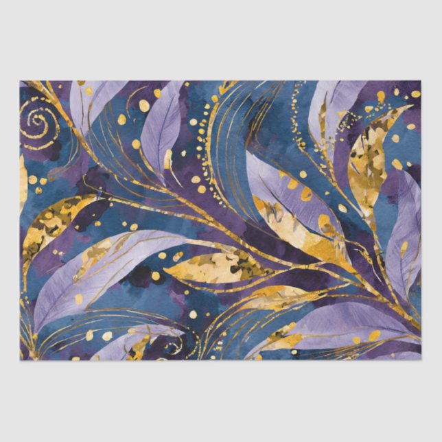 Papier Mousseline Découpage Abstrait Gold Purple et Blue Feuilles (Recto)