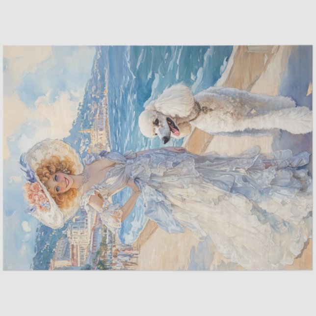 Papier Mousseline Découpage Aquarelle élégante Lady Ocean & Poodle (Recto)