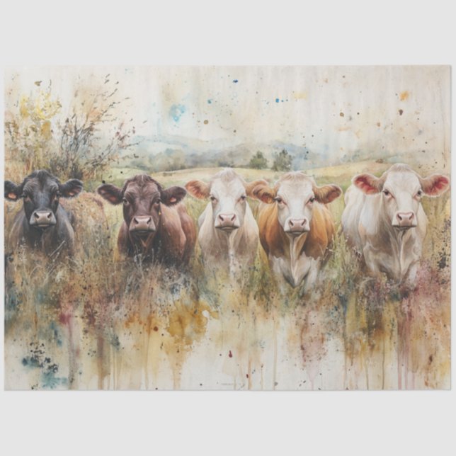 Papier Mousseline Découpage Aquarelle Highland Cow Lineup Russe (Recto)