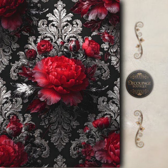 Papier Mousseline Decoupage Baroque Rose Rouge (Red Rose Baroque Decoupage Tissue Paper)