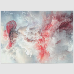 Papier Mousseline Découpage Belle Femme Robe Rouge Blanc Nuage