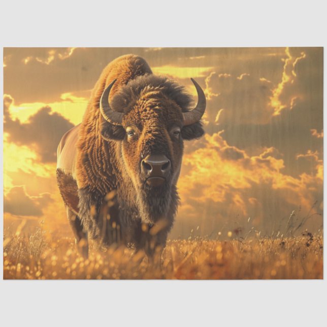 Papier Mousseline Découpage Bison majestueux debout Champ d'herbe (Recto)