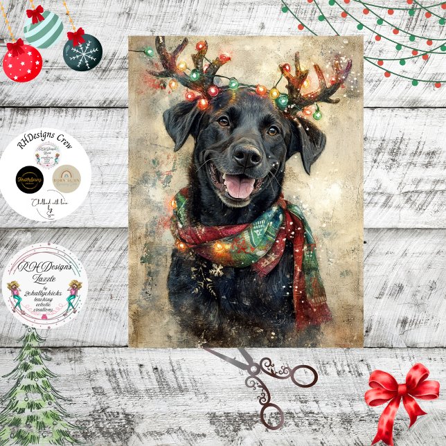Papier Mousseline Decoupage Black Lab Christmas Lights Antlers  (Créateur téléchargé)