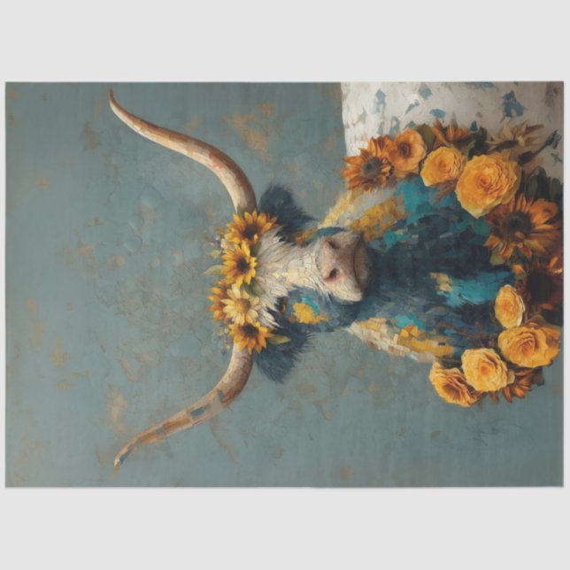 Papier Mousseline Découpage Bleu Bleu Whimsical Cracked Vache Highla (Recto)