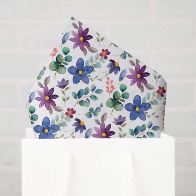 Papier Mousseline Découpage bleu violet fleurs florales Aquarelle (Sac cadeau)