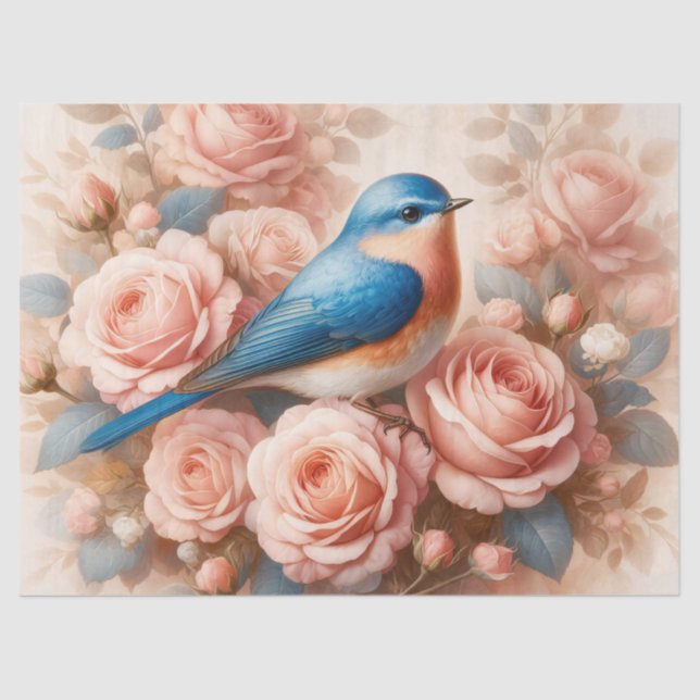Papier Mousseline Découpage Bluebird et rose pâle Roses (Recto)