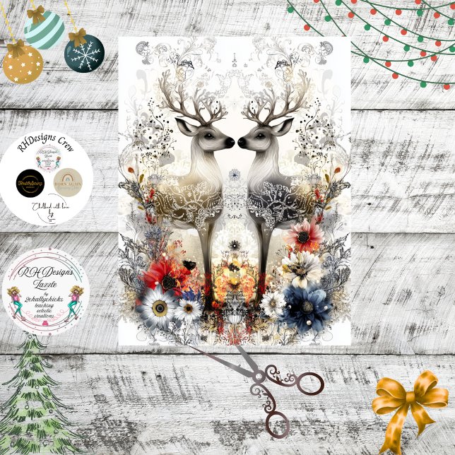 Papier Mousseline Découpage Bold Deer Floral Art de Noël Imprimer (Créateur téléchargé)