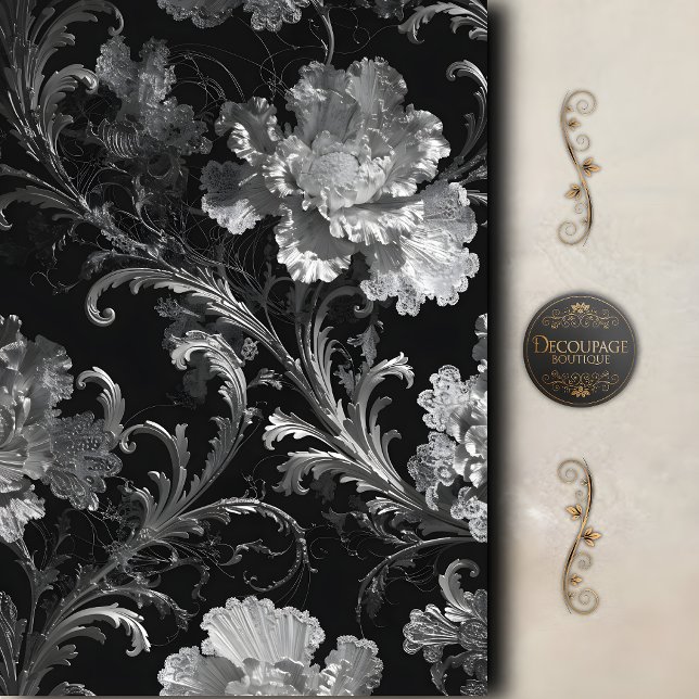 Papier Mousseline Découpage botanique argent noir (Black Silver Botanical Decoupage Tissue Paper)