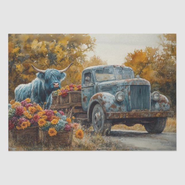 Papier Mousseline Découpage Camion bleu Vintage Vache Highland (Recto)