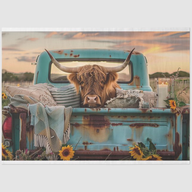 Papier Mousseline Découpage Camion rouillé Vintage Highland Cow (Recto)