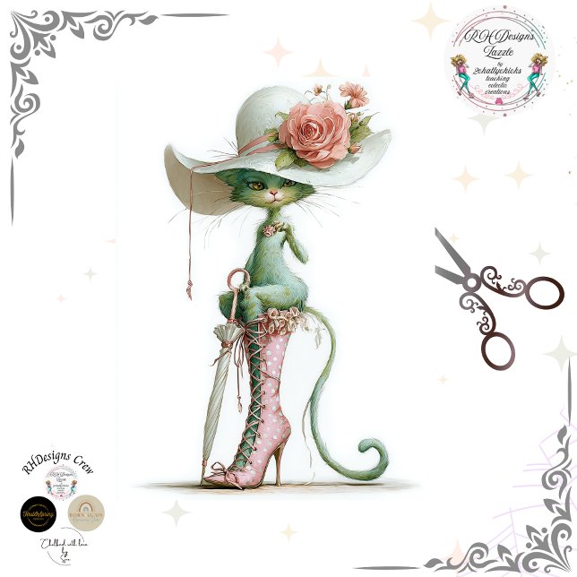 Papier Mousseline Decoupage Catwalk Green Cat Parasol Polka Dot Boot (Créateur téléchargé)