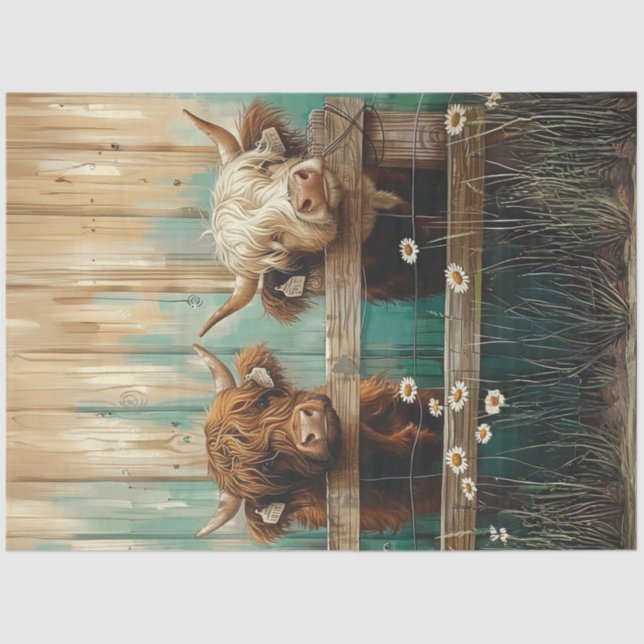 Papier Mousseline Découpage Charme rustique Vaches agricoles Turquoi (Recto)