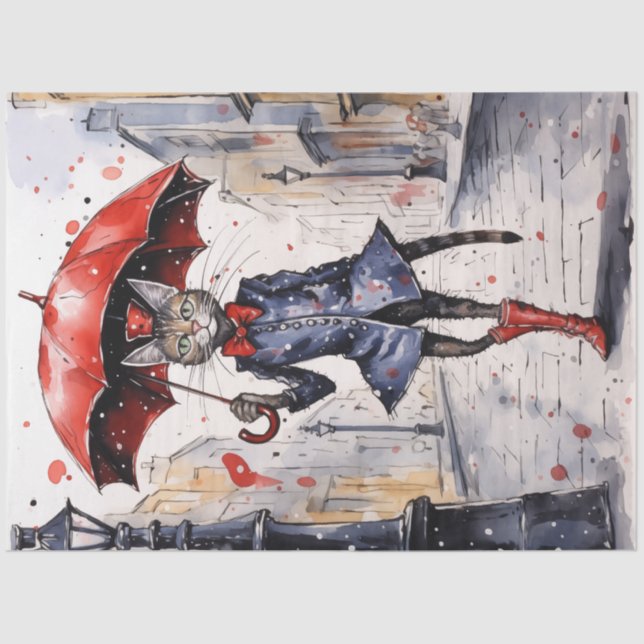 Papier Mousseline Découpage Chat avec parapluie rouge marchant sous  (Recto)