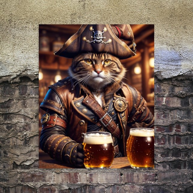 Papier Mousseline Découpage - Chat pirate steampunk buvant de la biè (Créateur téléchargé)