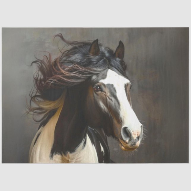 Papier Mousseline Découpage Cheval Blanc Noir Gypsy Vanner Long Mane (Recto)