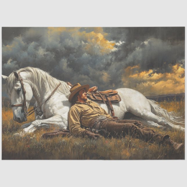 Papier Mousseline Découpage Cheval Cowboy Dormir avant la tempête (Recto)