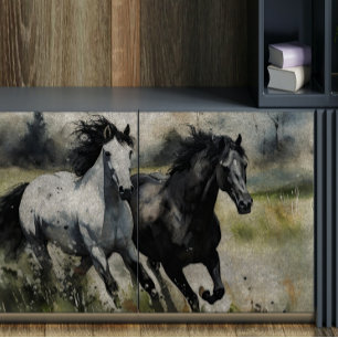 Papier Mousseline Découpage Chevaux sauvages blancs et noirs