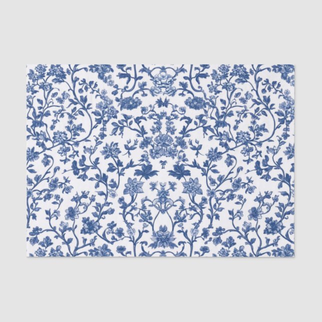 Papier Mousseline Découpage Chinoiserie Bleu Floral (Recto)