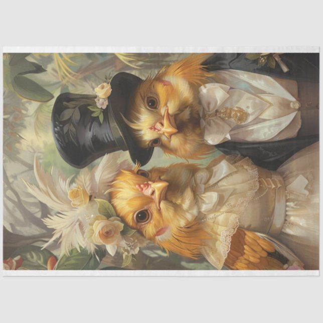 Papier Mousseline Découpage Couple de poulet au coq blanc marié (Recto)