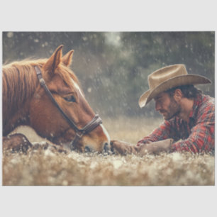 Papier Mousseline Découpage Cowboy & Cheval Sur le sol Nez au nez