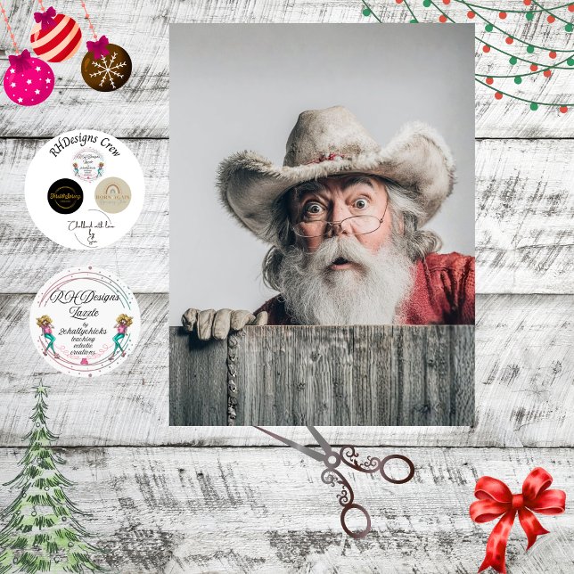 Papier Mousseline Decoupage Cowboy Santa Claus Peeking Over Fence (Créateur téléchargé)