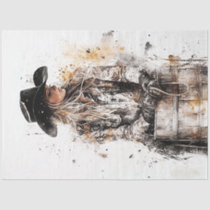 Papier Mousseline Découpage Cowgirl Barrel Racer devant le tonneau