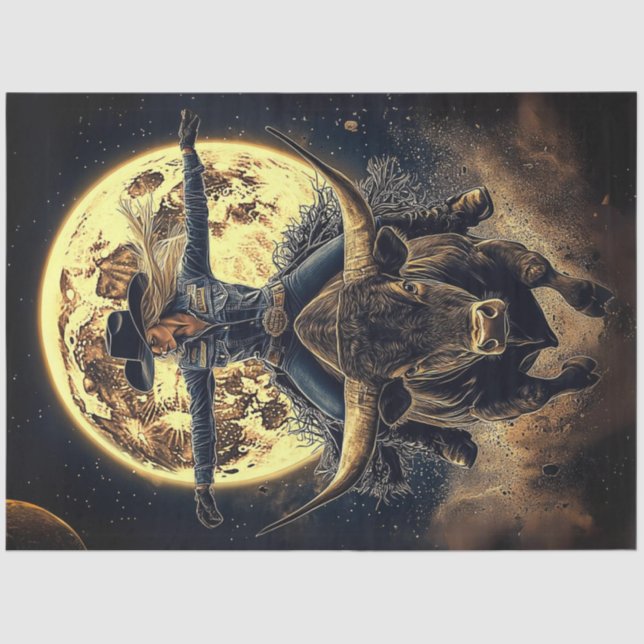 Papier Mousseline Découpage Cowgirl Riding Bull sur la Lune fond (Recto)