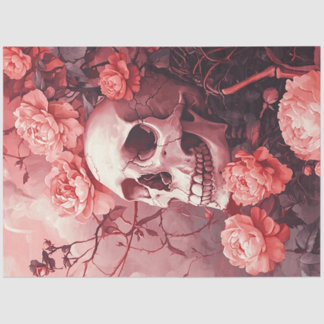 Papier Mousseline Découpage Crâne gothique entouré et fleurs de pêch (Recto)