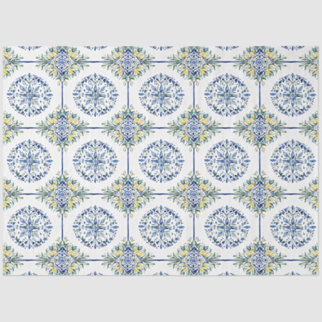 Papier Mousseline Découpage de carrelage floral citron bleu et blanc (Recto)