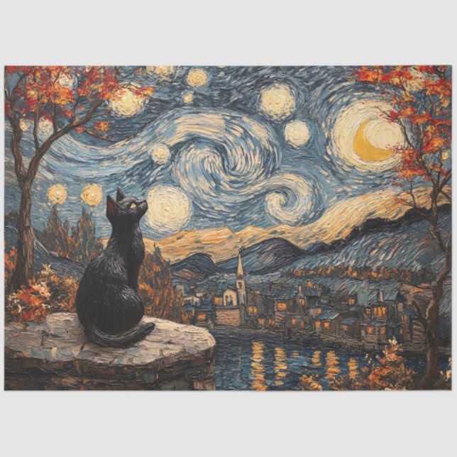 Papier Mousseline Découpage de chat de nuit étoilé (Recto)
