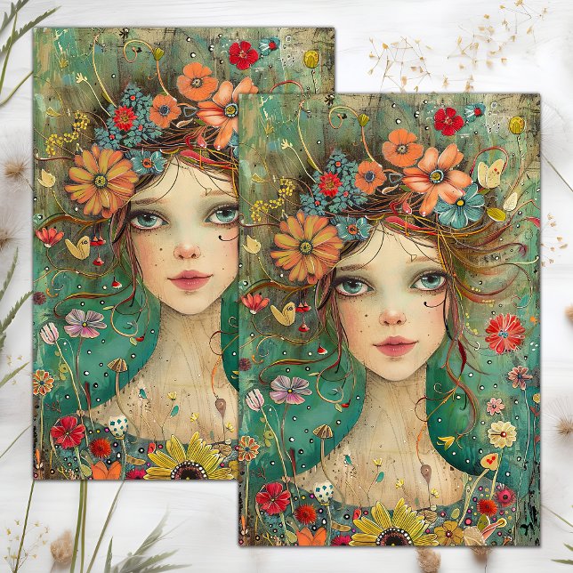 PAPIER MOUSSELINE DÉCOUPAGE DE FILLE FLEURIE BOHO (BOHO FLOWER GIRL DECOUPAGE TISSUE PAPER)