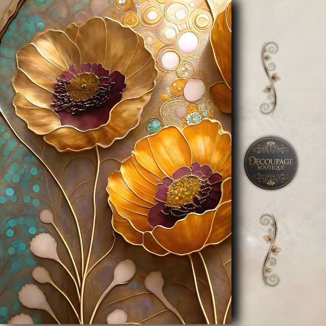 Papier Mousseline Découpage de fleurs de pavot abstraites dorées (Golden Abstract Poppy Bloom Decoupage Tissue Paper)