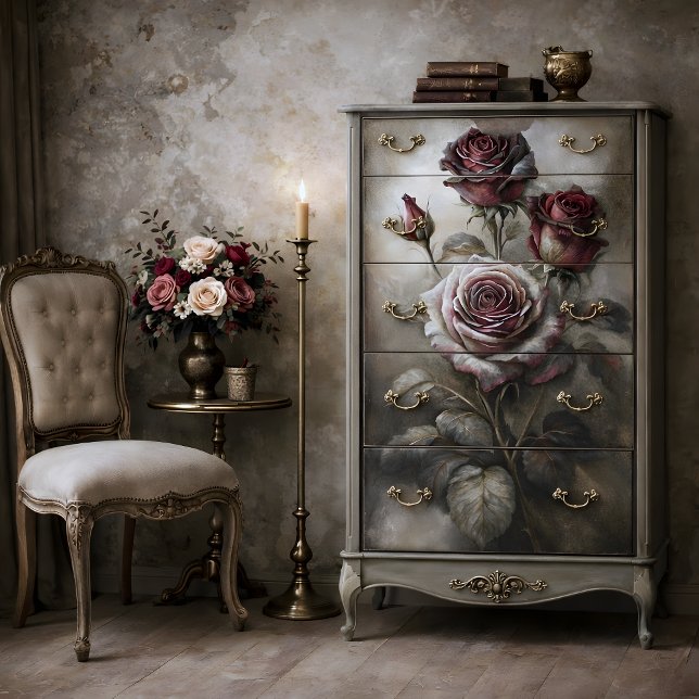 Papier Mousseline Decoupage de fleurs de rose rouge antique (Antique Rose Floral Decoupage Tissue Paper Mockup)