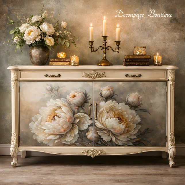 Papier Mousseline Découpage de la fleur de pivoine blanche (Urban Bohemian Woman Neutral Tones Decoupage Tissue Paper Mockup)