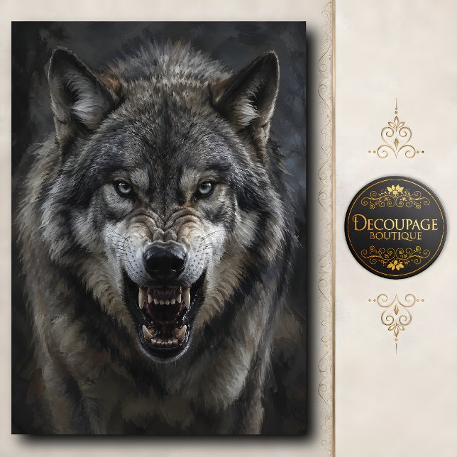 Papier Mousseline Découpage de Loup Gris Féroce (Ferocious Gray Wolf Decoupage Tissue Paper)