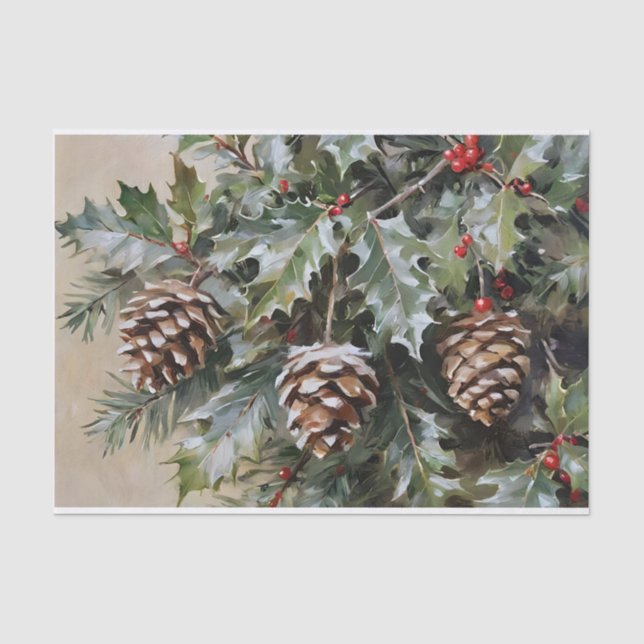 Papier Mousseline Découpage de Noël Holly et Pinecones (Recto)