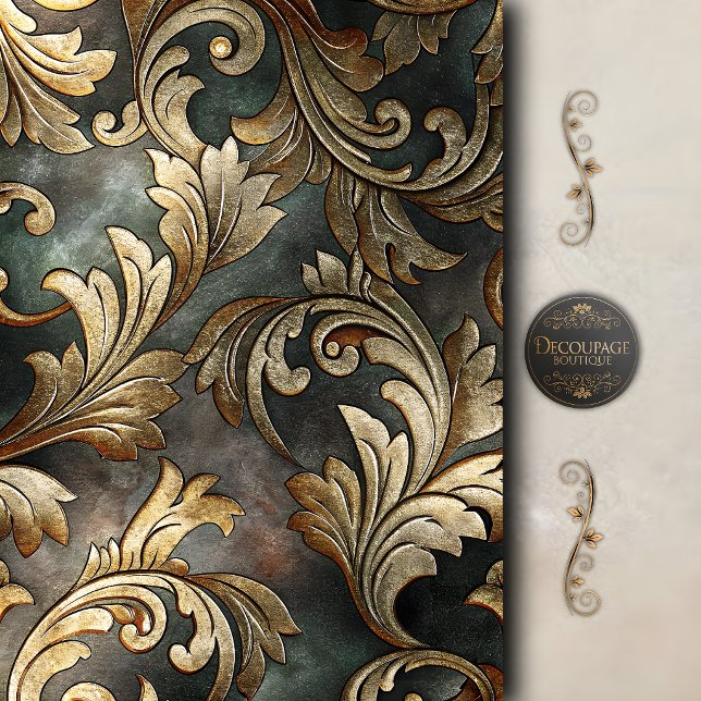Papier Mousseline Découpage de parchemin baroque doré (Gold Baroque Scroll Decoupage Tissue Paper)