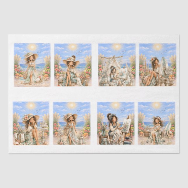 Papier Mousseline Découpage de scène de plage féminine de style boho (Recto)