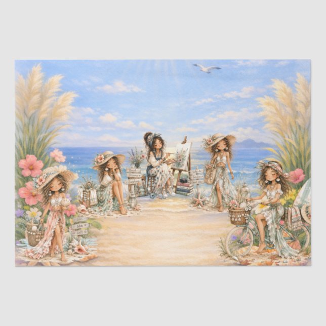 Papier Mousseline Découpage de scène de plage girly de style boho mi (Recto)