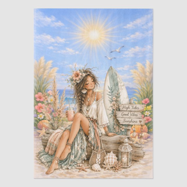 Papier Mousseline Découpage de scène de plage girly style boho migno (Recto)