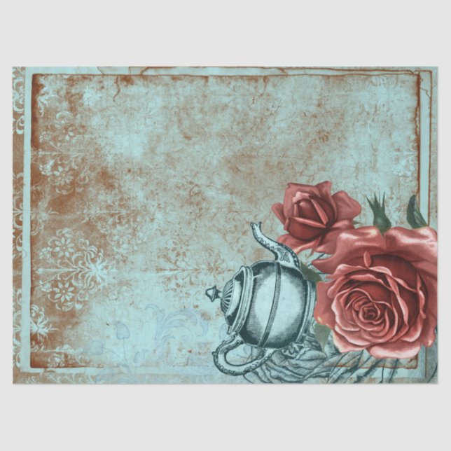 Papier Mousseline Découpage de théière florale Turquoise (Recto)