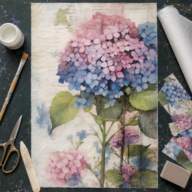 Papier Mousseline Découpage d'hydrangea bleu rose à l'aquarelle vint (Créateur téléchargé)