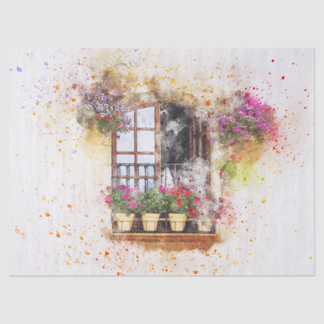 Papier Mousseline Découpage du balcon à fleurs d'aquarelle (Recto)
