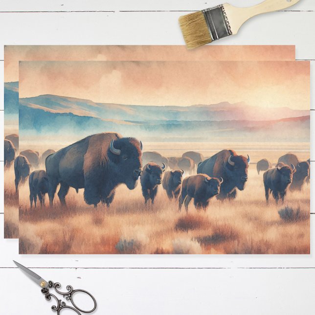 Papier Mousseline Découpage du bison d'aquarelle du troupeau de biso (Créateur téléchargé)