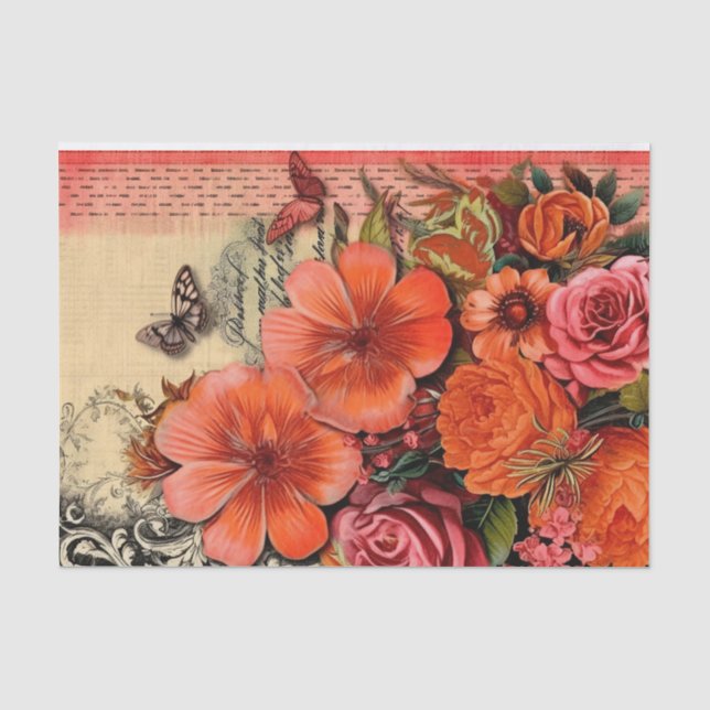 Papier Mousseline Découpage du journal de junk floral orange (Recto)