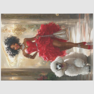 Papier Mousseline Découpage élégante robe rouge dame et caniche stan