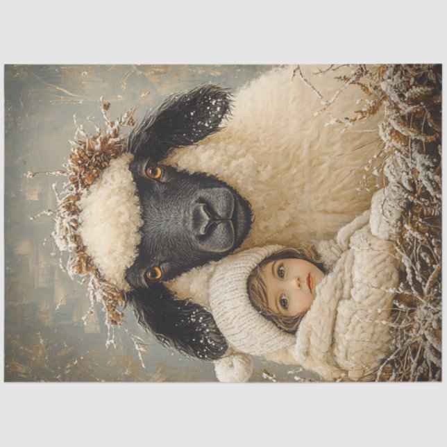 Papier Mousseline Découpage enfant lunaire assis avec le mouton (Recto)